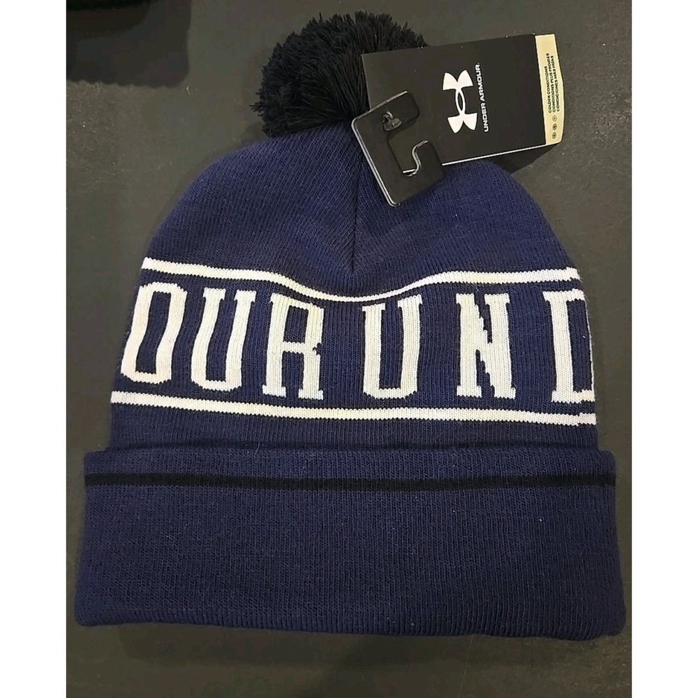 UNDER ARMOUR Mens "HalfTime Pom" Knit Beanie OSFM Ret@$28 Blue/white (C-31) - Picture 2 of 4